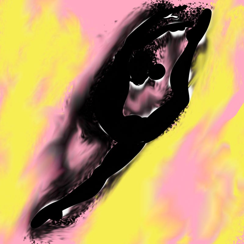 gymnast doing a leap in a leotard with a bent back leg