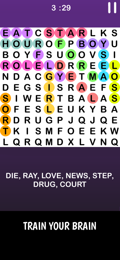 Infinte Crossword Puzzle Game - Una colorida cuadrícula de puzzle de búsqueda de palabras del juego Crucigrama Infinito con el lema Entrena tu Cerebro.