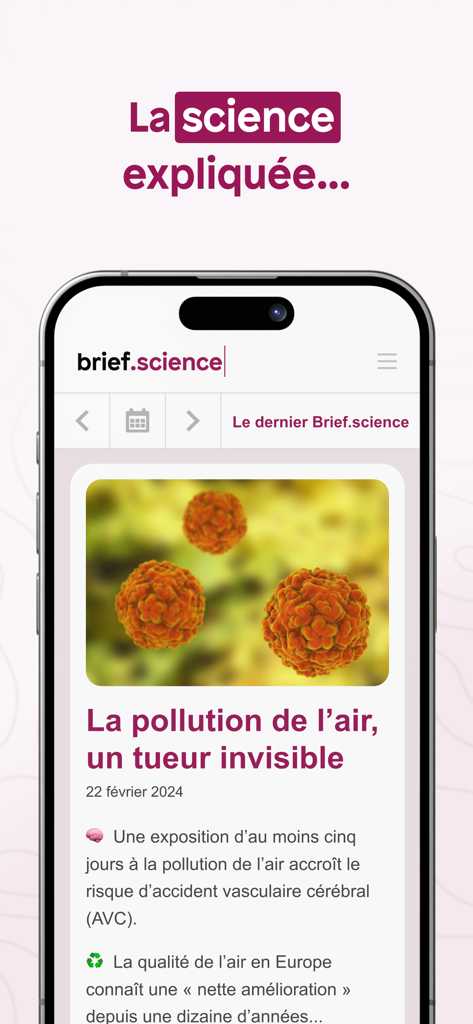 Brief.science - Brief.science mobile app interface showing a scientific article about air pollution.