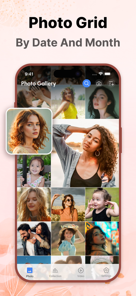 Gallery - Hide Photo Vault - Una interfaz móvil que muestra una cuadrícula de fotos organizada por fecha y mes dentro de la aplicación de bóveda de galería.