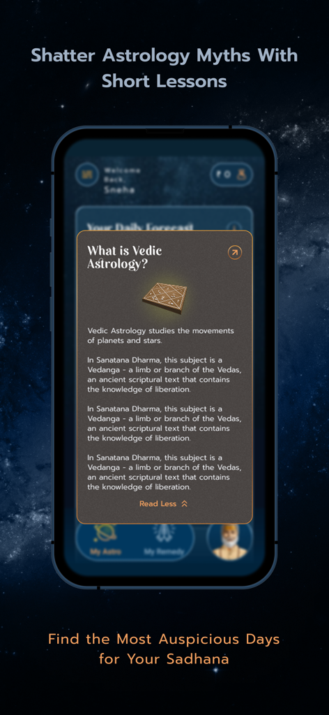 Astro Sadhana: Vedic Astrology - A mobile screen from the Astro Sadhana app explaining the definition and origins of Vedic Astrology.