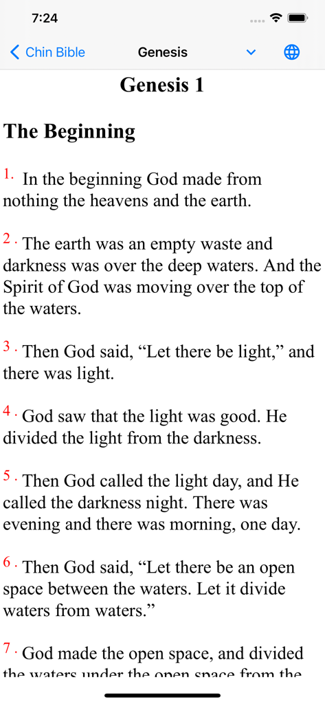 English text of Genesis Chapter 1 in the Chin Bible app.