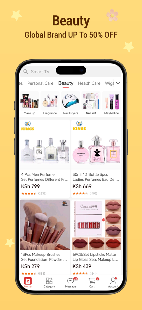 Kilimall - Affordable Shopping - Kilimall app interface showing discounted beauty products including perfumes and makeup sets.