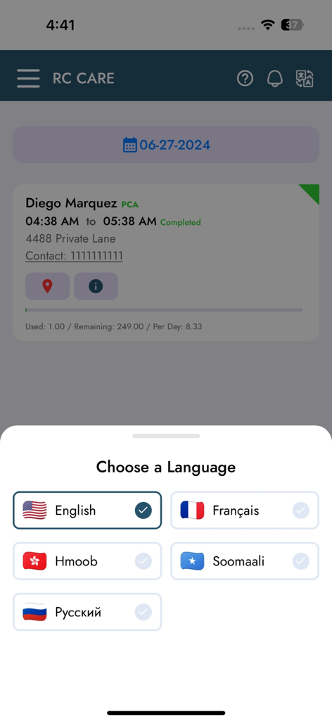 RevivingCare EVV - A language selection menu in the RevivingCare EVV app with options for English, French, Hmong, Somali, and Russian.