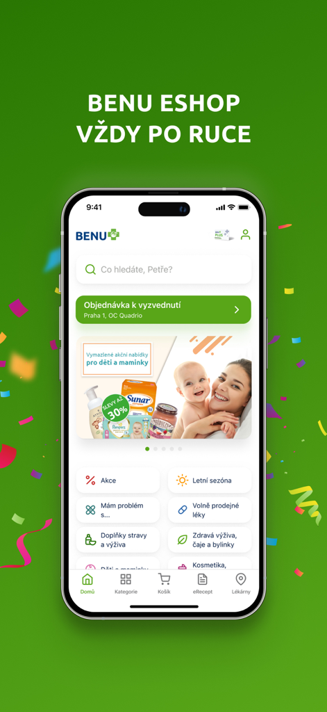 Pantalla de inicio de la aplicación móvil BENU Farmacia con categorías de salud y farmacia.