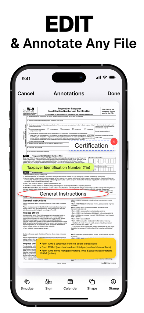 PDF Scanner ~ Scan Document - Mobile app interface showing a PDF scanner with annotation tools highlighting parts of a W-9 tax form