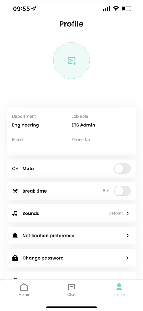 Profile screen of the HotLync NEOS hospitality app showing engineering department role and settings