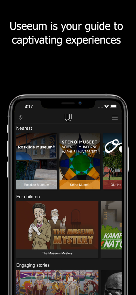 Useeum - Useeum app home screen displaying museum guides and interactive educational games for children