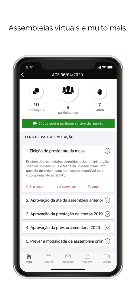 Gesta Administradora - Smartphone-Bildschirm, der eine virtuelle Versammlungsoberfläche mit Tagesordnungspunkten und Abstimmungsoptionen für die Verwaltung von Eigentumswohnungen zeigt
