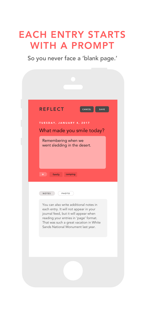 Grateful app screen showing a daily reflection prompt and journal entry.