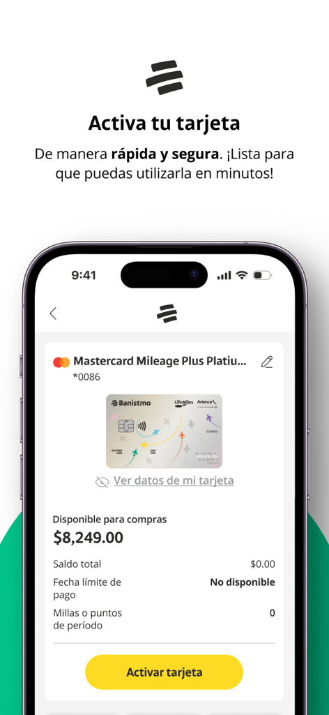 Interface for activating a credit card in the Banistmo mobile app
