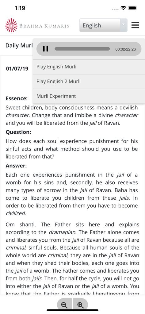 Madhuban Murli app screen showing a daily spiritual discourse in English with an integrated audio player menu.