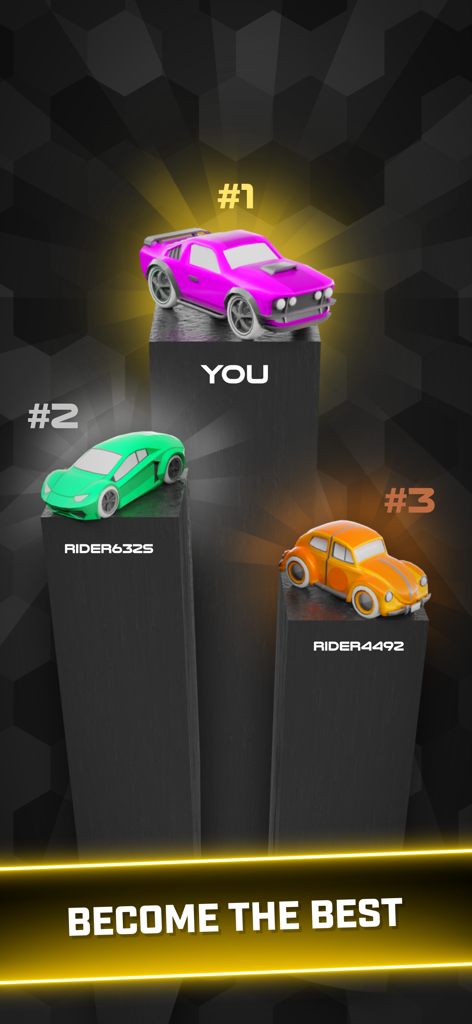 Rider Worlds - Neon Bike Races - ライダー・ワールドのゲームリーダーボードの表彰台。3台の様式化された車が表示され、ピンクの車が1位で、「最強になろう」というテキストが表示されている