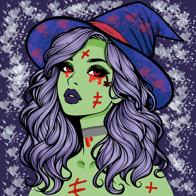 realistic witch girl with wavy hair and lips