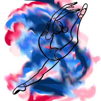 gymnast doing a leap in a leotard with a bent back leg