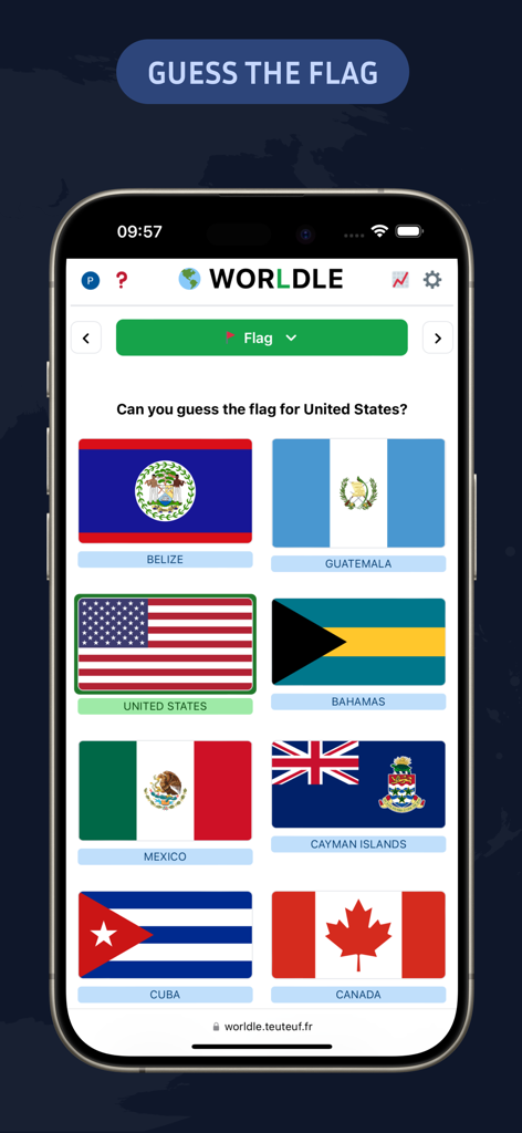 Worldle - Guess The Country! - Screenshot of Worldle mobile app showing the guess the flag bonus round with a grid of country flags