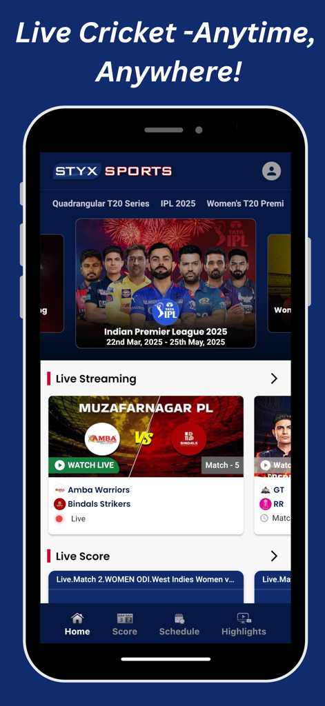 Styxsports - Styxsports app interface showing live cricket streaming and scores for IPL 2025