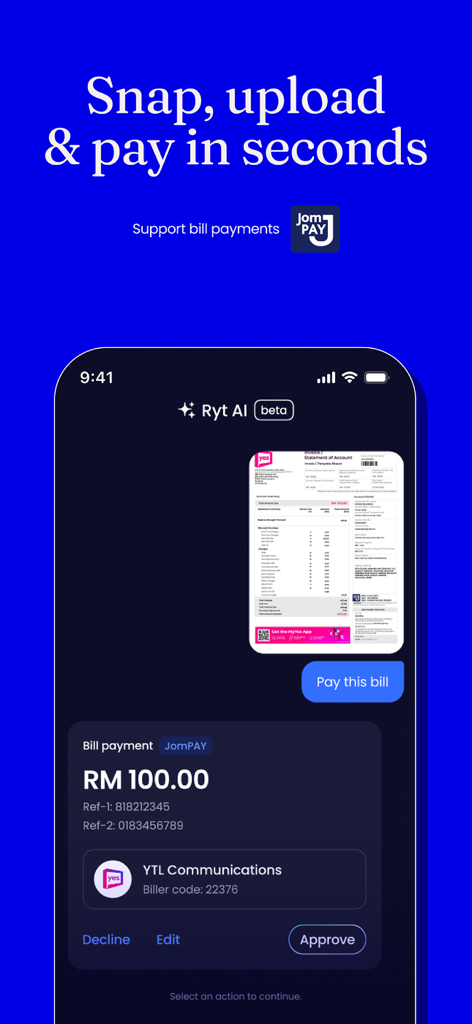 Ryt Bank Mobile-App-Oberfläche, die KI-gestützte Rechnungsabtastung und -zahlung über JomPAY zeigt