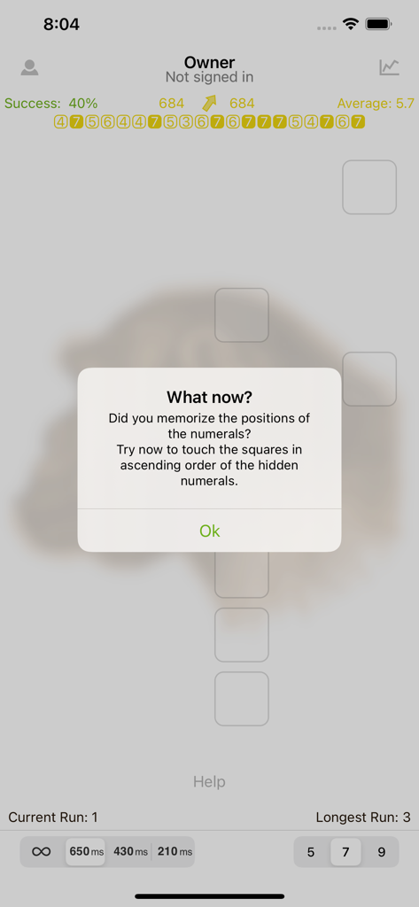 Ape Test - Ventana emergente de instrucciones en la aplicación Ape Test que explica cómo completar el desafío de memoria