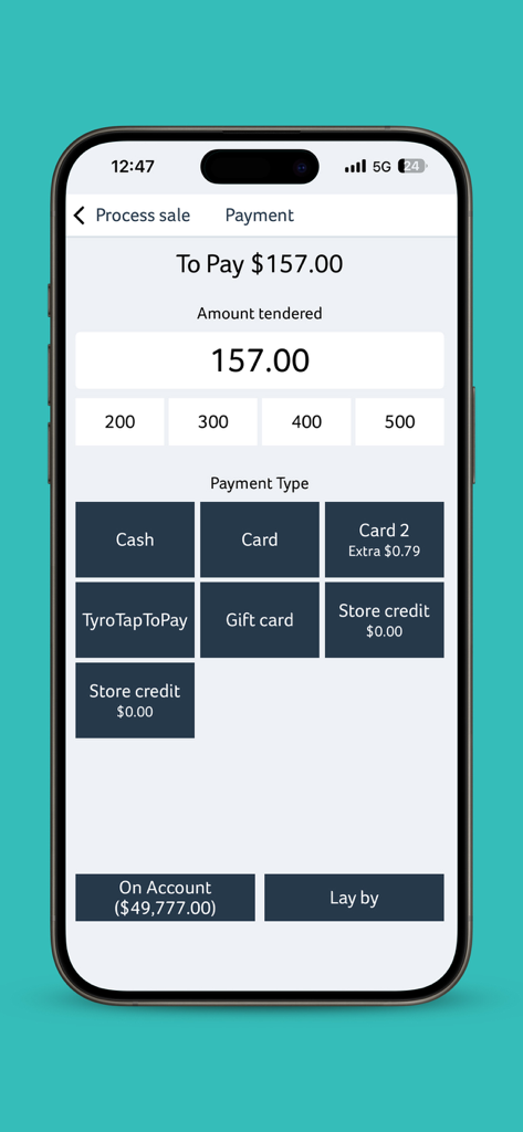 Hike Retail POS - Hike Retail POS mobile payment screen with options for cash card and gift cards
