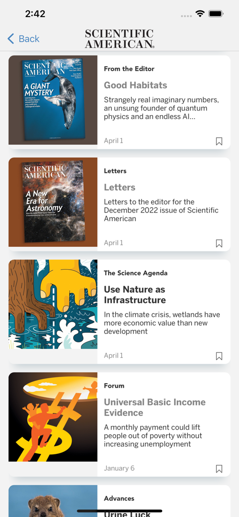 Scientific American - A list of articles in the Scientific American app featuring science and technology topics with descriptive headings and illustrations.
