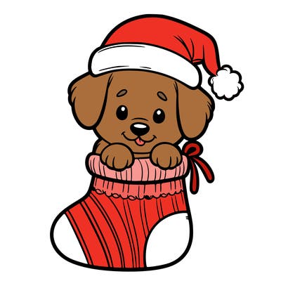 cute puppy wearing santa hat in socking