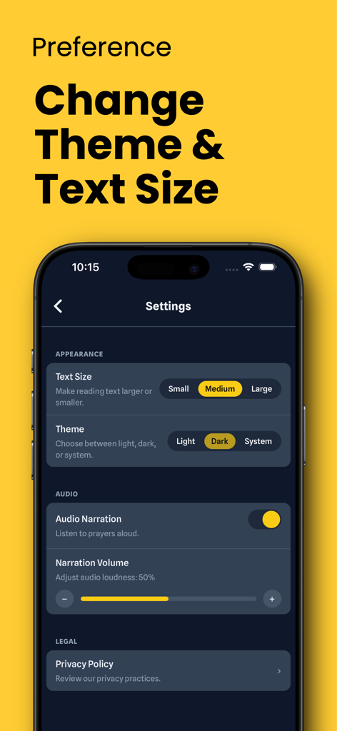 Écran des paramètres de l'application Chemin de Croix montrant les options de taille de texte et de personnalisation du thème