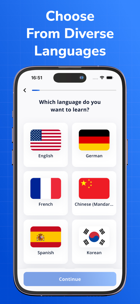 Vocha - Speaking Practice AI - Language selection screen in the Vocha app showing options for English, German, French, Chinese, Spanish, and Korean