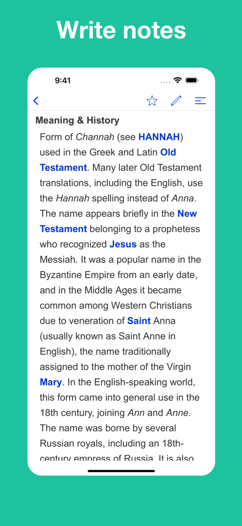 Pantalla detallada de la historia y el significado del nombre con una función para escribir notas en la aplicación Diccionario de Apellidos y Nombres.