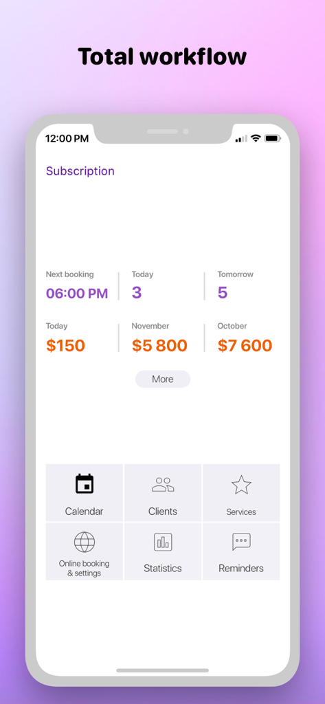 Beautician calendar - Dashboard der Kosmetiker-App mit Anzahl der Termine und monatlicher Zusammenfassung der Finanzeinnahmen