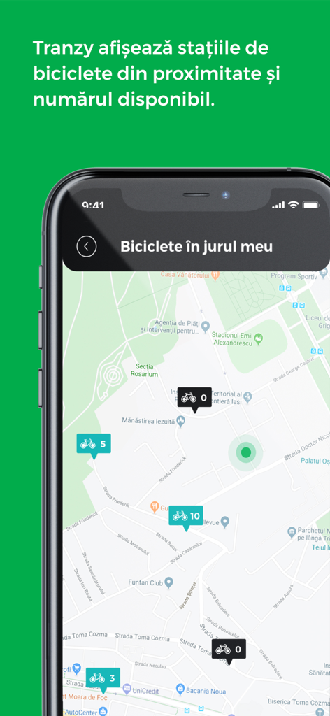 Tranzy - Vue de la carte dans l'application Tranzy montrant les vélos disponibles dans les stations de location à proximité