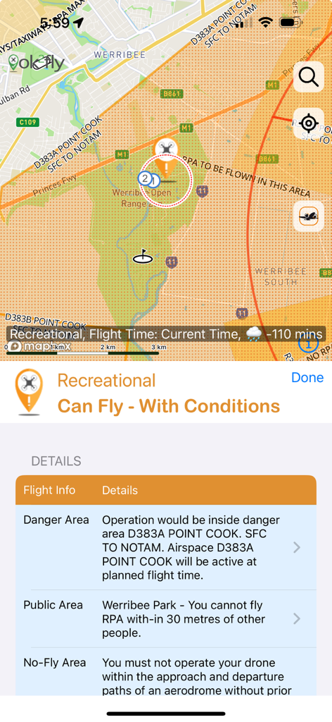 Screenshot der ok2fly-App, der Drohnenflug-Sicherheitsbedingungen und eine Karte für Freizeitpiloten anzeigt