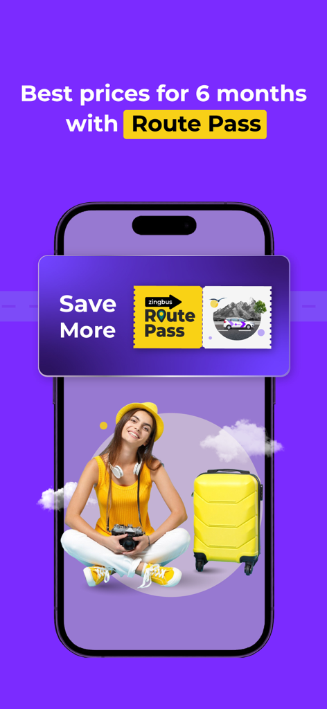 zingbus:Book Bus Ticket Online - Schermata dell'app mobile Zingbus che mostra la funzionalità Route Pass per sei mesi di risparmio sui viaggi con un viaggiatore e una valigia.