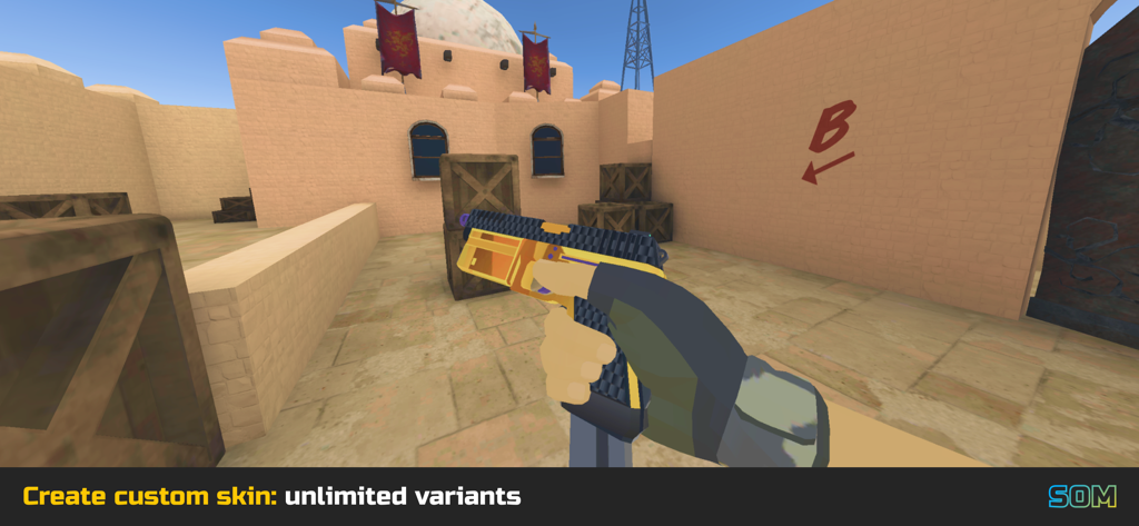 SOM: StrikeOut Multiplayer - Vista en primera persona de un jugador sosteniendo una skin de pistola personalizada en negro y dorado en un mapa de juego desértico