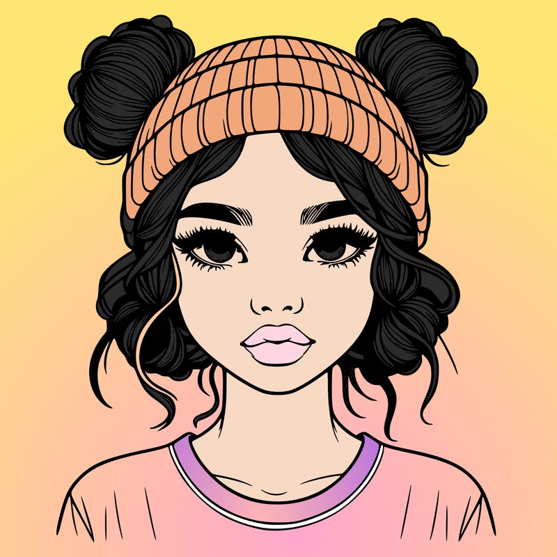 realistic girl with buns in her hair with a beanie on