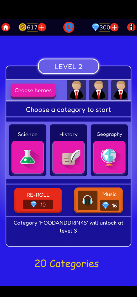 Quizia: General Knowledge Quiz - Interfaz de la aplicación de trivia Quizia mostrando opciones de categoría que incluyen Ciencia, Historia y Geografía en el Nivel 2.