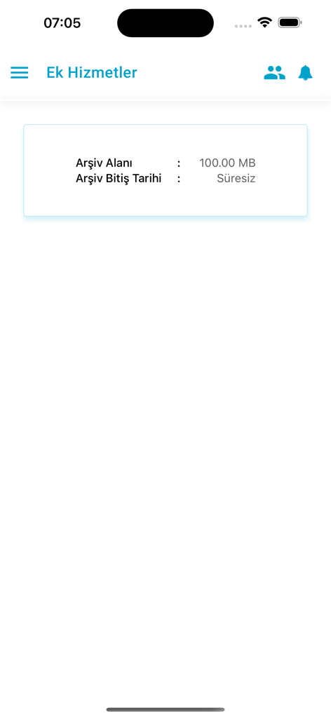UETS - Interface do aplicativo móvel UETS mostrando serviços adicionais e informações de armazenamento de arquivo