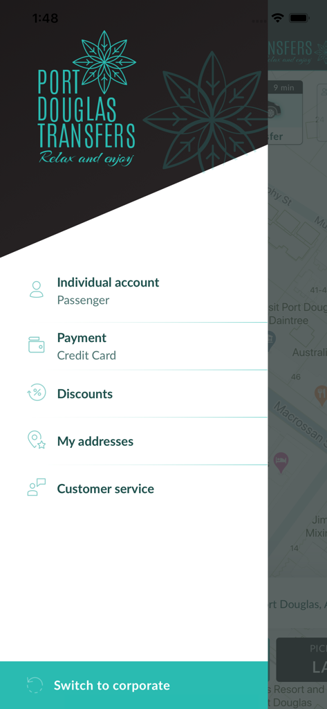 Port Douglas Transfers - Side navigation menu of the Port Douglas Transfers app showing passenger account settings and payment options.