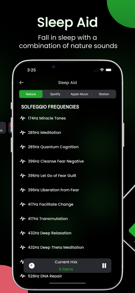 Alarmfyアプリの画面。ミラクル・トーンズや瞑想音などの睡眠補助のためのソルフェジオ周波数のリストが表示されています。