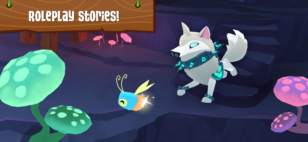 Animal Jam - A white wolf character and a small companion in a 3D world with glowing mushrooms in Animal Jam