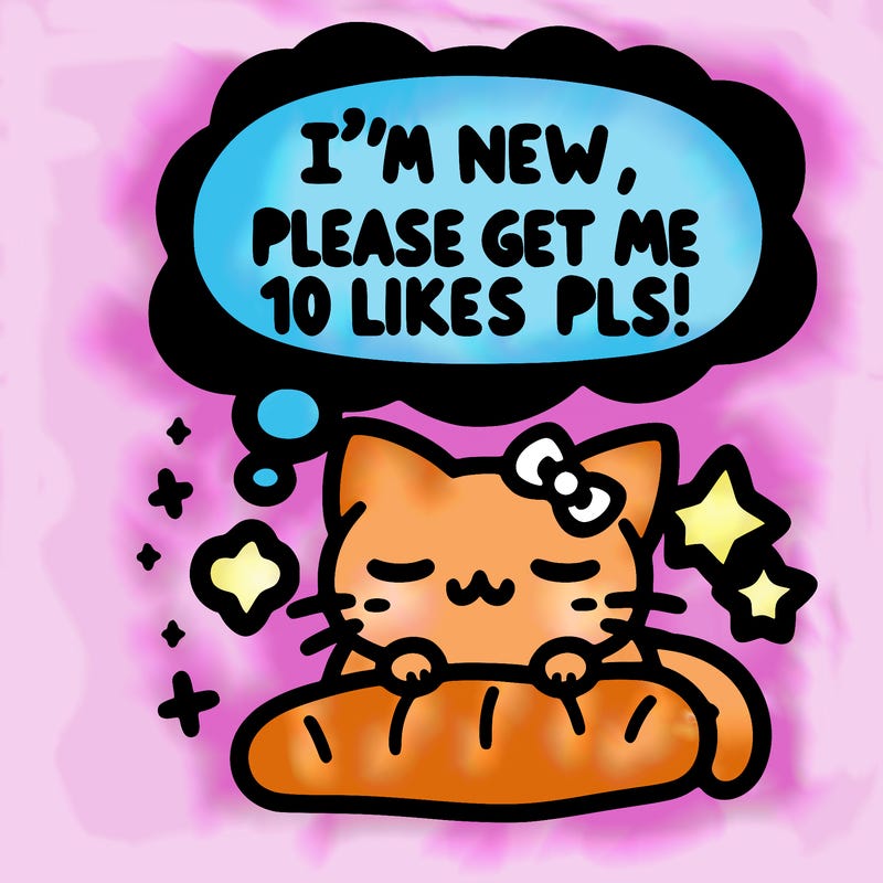 kitty taking a nap dream talking and saying "i'm new, please get me at least 10 likes pls!!"