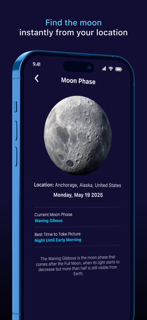 Moon Zoom Pro: Camera 100x - Interfaz de la aplicación Moon Zoom Pro que muestra la fase lunar actual, detalles de ubicación y los mejores momentos de fotografía para los observadores del cielo.