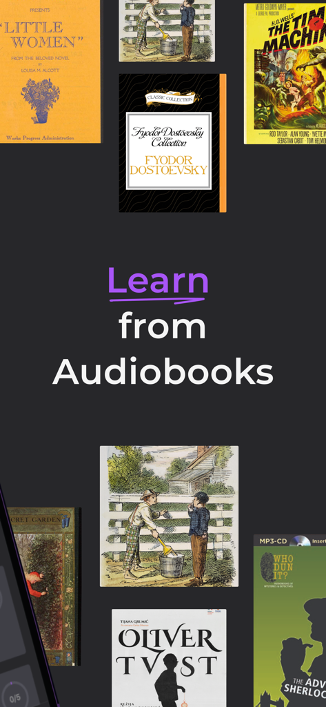 Fluent by Audio & Podcast - A collection of classic audiobook covers including Little Women and Oliver Twist with text saying Learn from Audiobooks.
