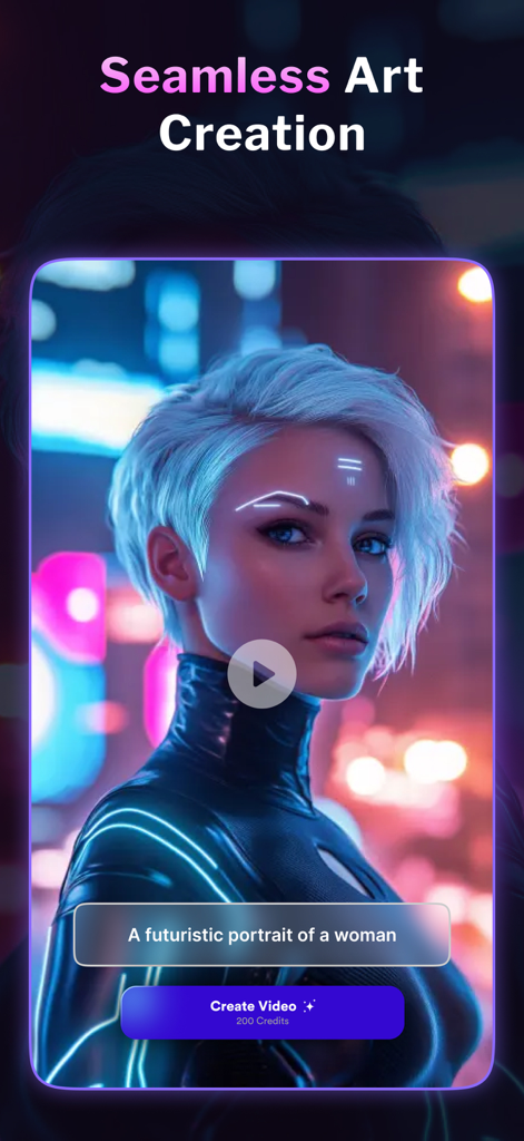 Pixel Loom App-Oberfläche, die ein futuristisches Porträt einer Frau zeigt, das aus einem Text-Prompt generiert wurde