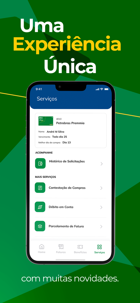 BRB - Cartão Petrobras Premmia - Tela do aplicativo móvel para o cartão BRB Petrobras Premmia exibindo serviços de gerenciamento do cartão de crédito, como disputa de compras e parcelamento de fatura.