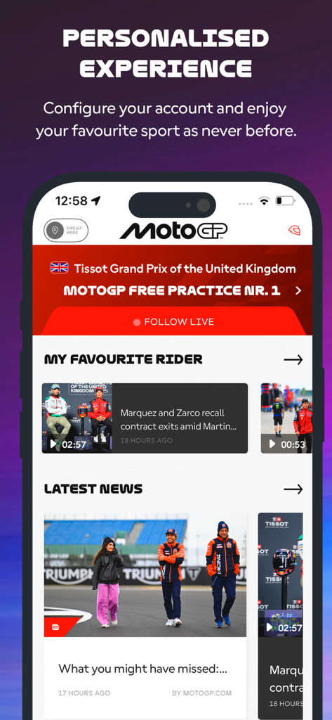 Personalisiertes Experience-Dashboard der MotoGP-App mit personalisierten Inhalten, Live-Renn-Updates und News zum Lieblingsfahrer
