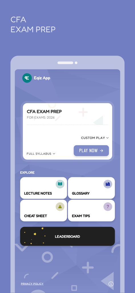 CFA Exam Prep 2026: with AI - Main dashboard of the CFA Exam Prep 2026 mobile app showing options for lecture notes glossary cheat sheets and practice exams