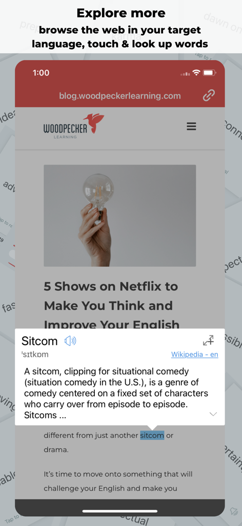 Woodpecker - Language Learning - Woodpecker app showing an in-app web browser with an instant dictionary definition for the word sitcom.