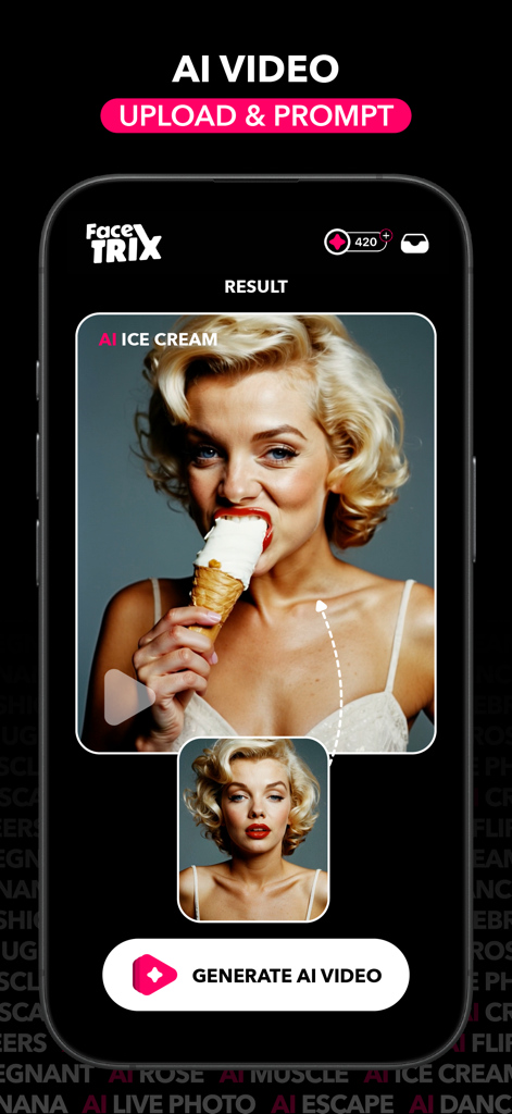 Facetrix app interface showing a photo animated into an AI video using a prompt