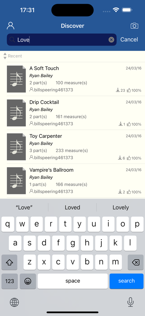 Un'interfaccia di ricerca nell'app Notation Pad Pro che mostra un elenco di composizioni di spartiti come A Soft Touch e Drip Cocktail con una tastiera a schermo.